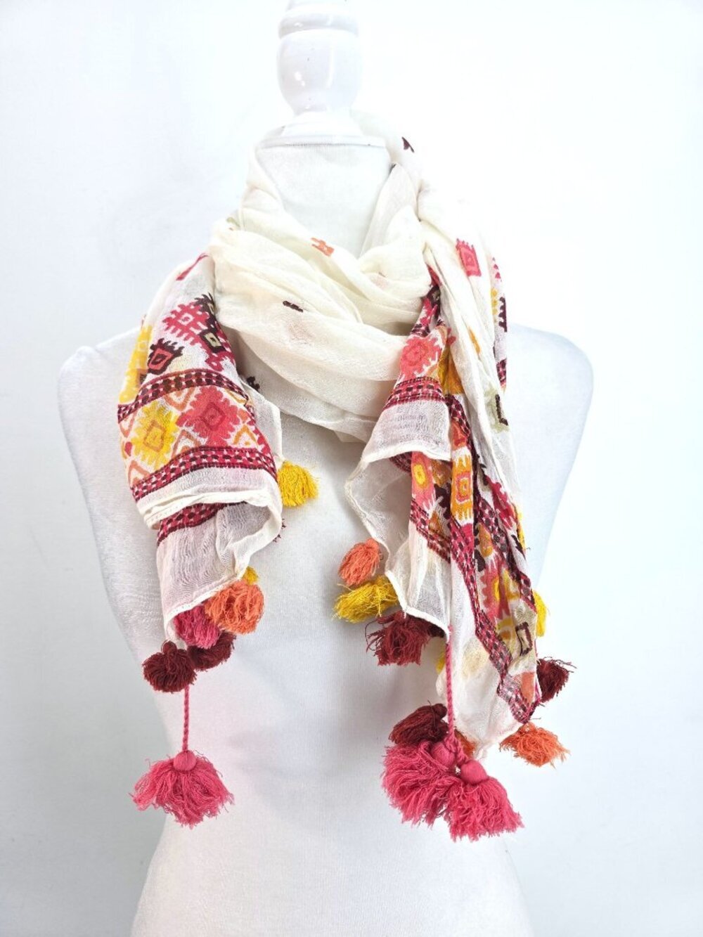 Loft Cream Yellow Red Boho Tasseled Rectagular Scarf 72x25